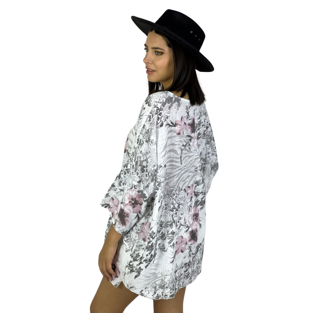 Polera Italiana con Flores y Bolsillos con Collar beige