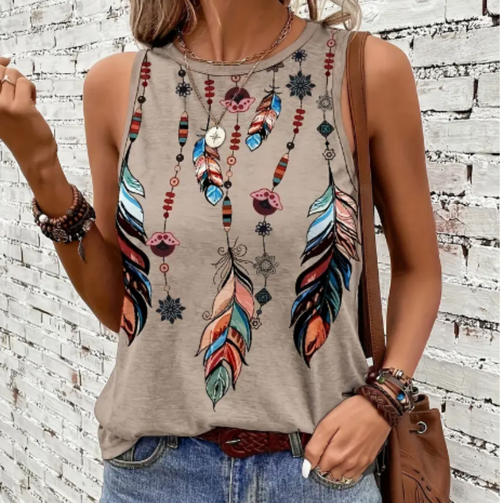 Polera Sin Mangas para Mujer con Estampado de Plumas