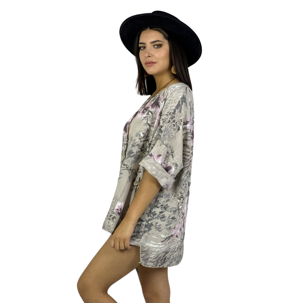Polera Italiana con Flores y Bolsillos con Collar cafe