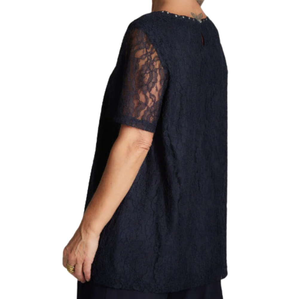 Polera De Encaje con Forro y Tachitas azul marino