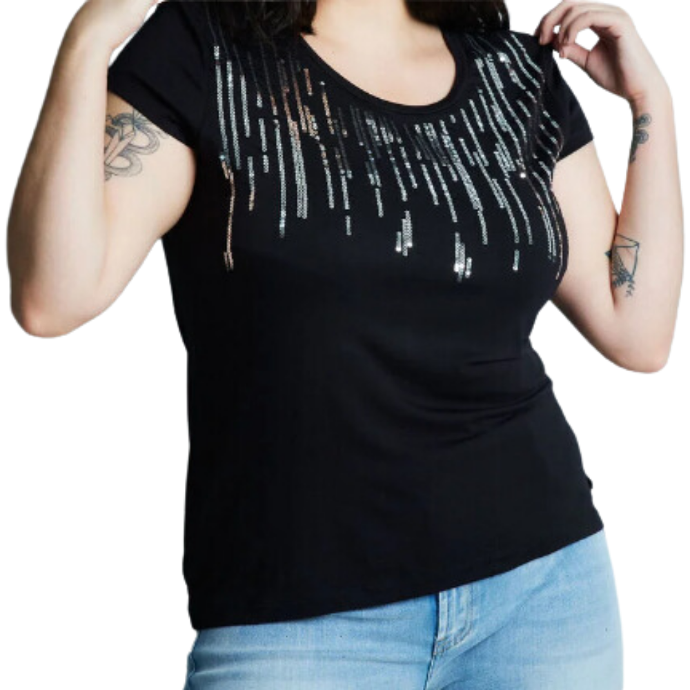 Polera Básica Escote Redondo Estampado Negro