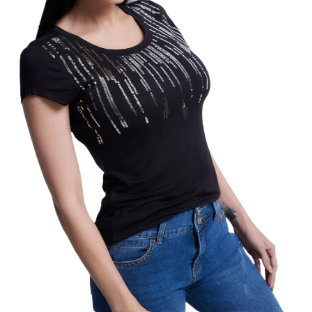 Polera Básica Escote Redondo Estampado Negro