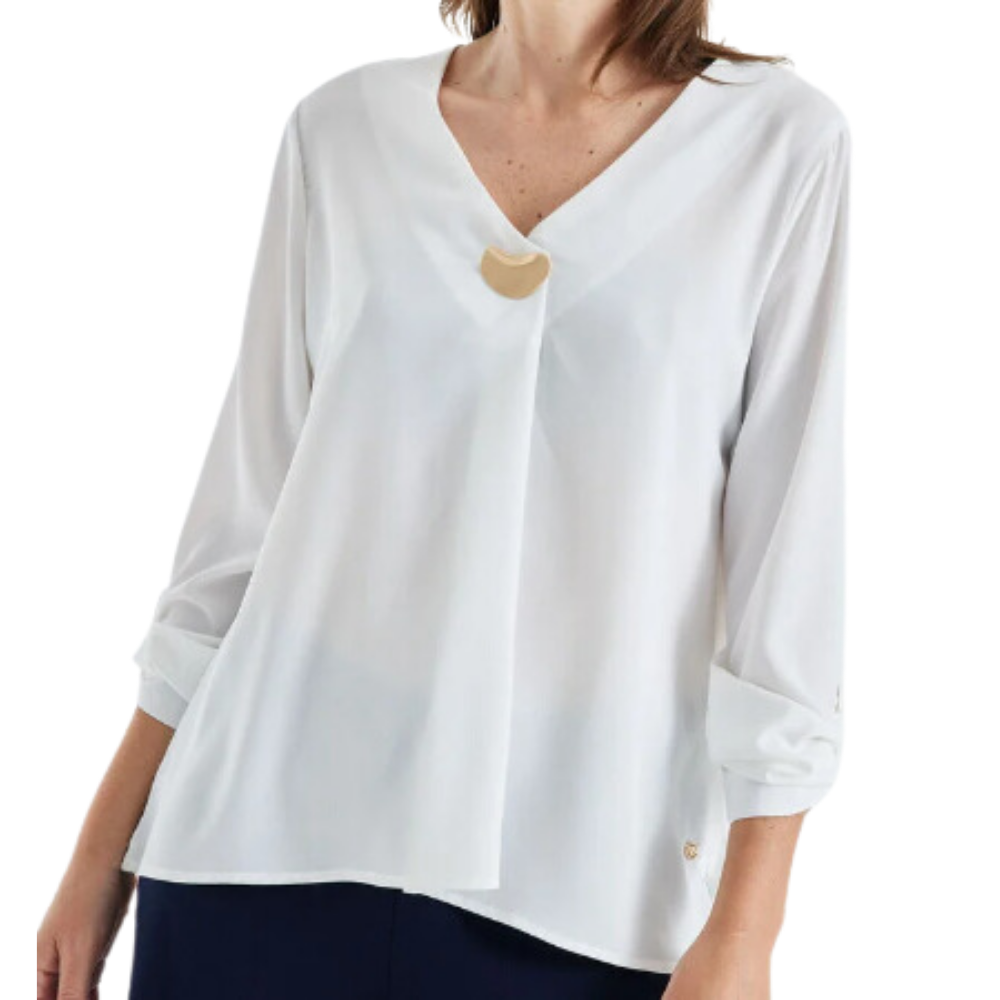 Blusa Escote V Pliegue Centro Y Boton Decorativo blanco
