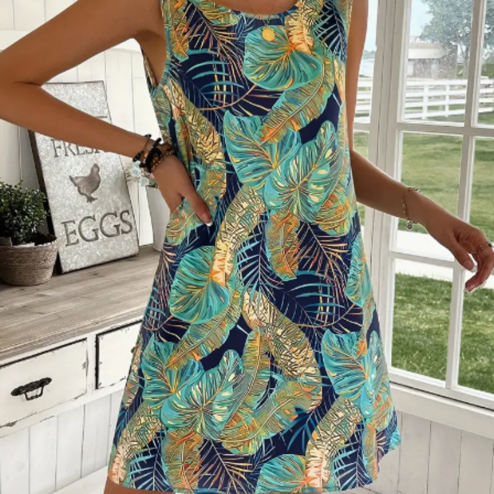 Vestido sin mangas con estampado de hojas tropicales