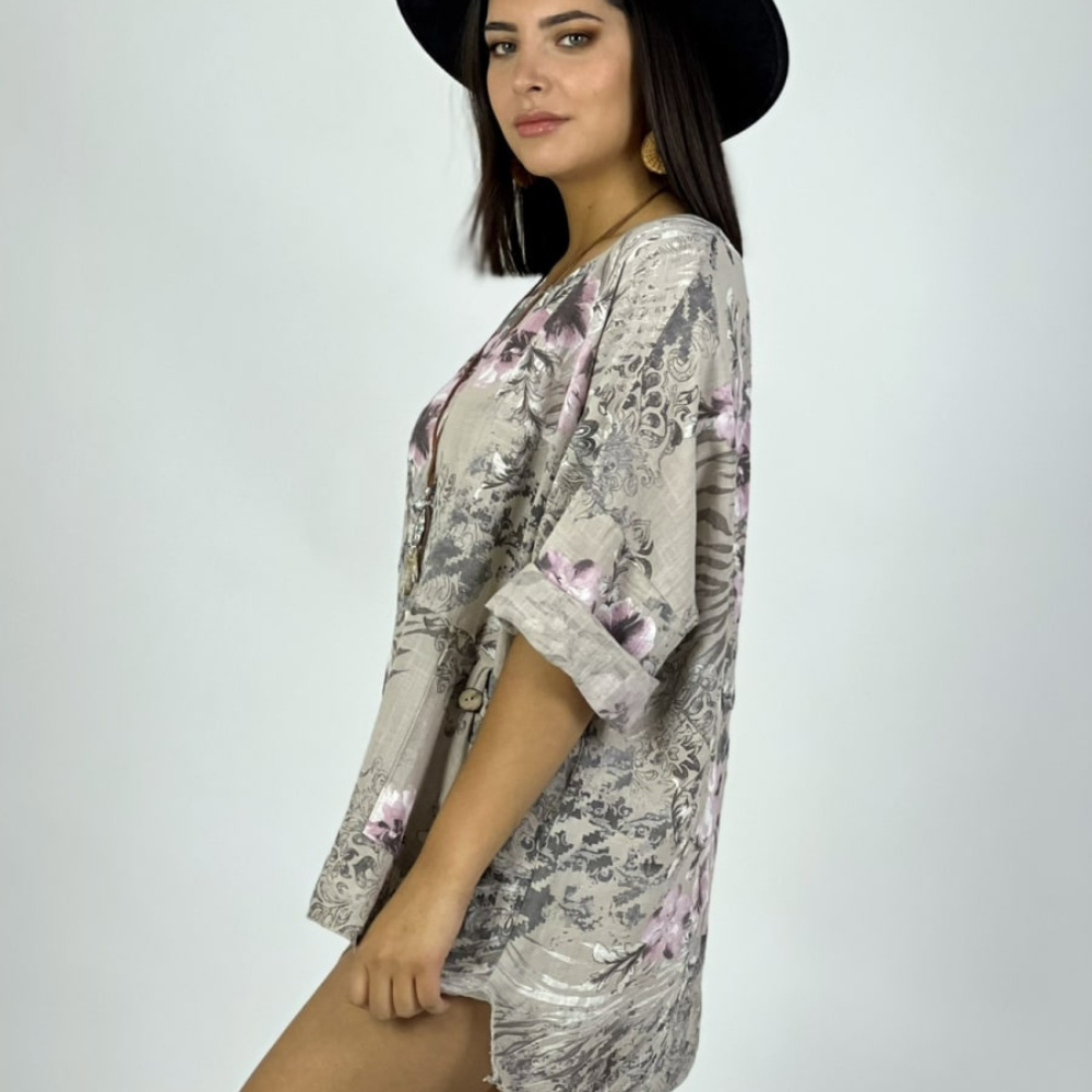 Polera Italiana con Flores y Bolsillos con Collar cafe