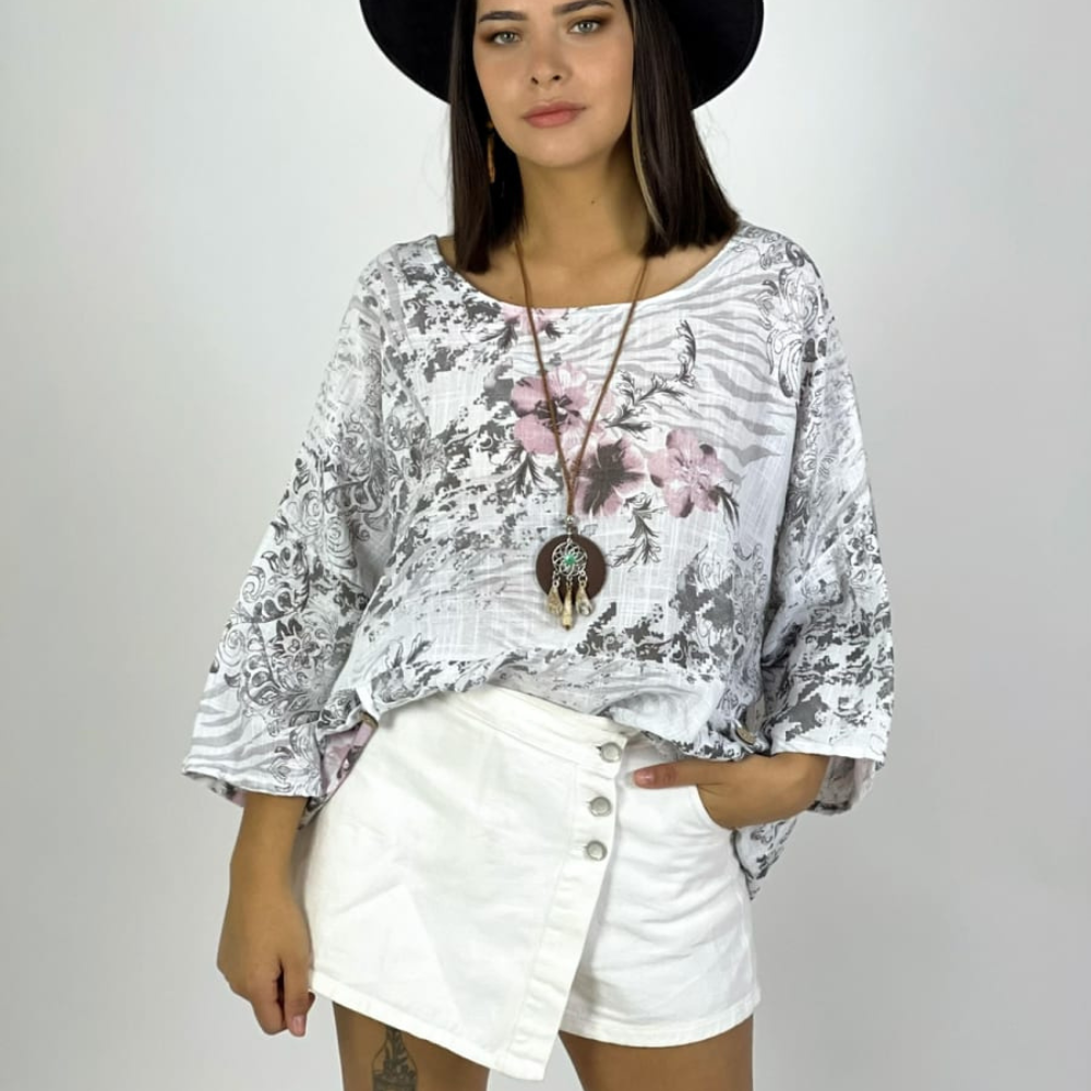 Polera Italiana con Flores y Bolsillos con Collar beige
