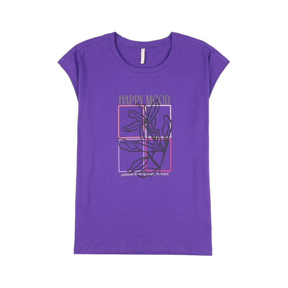Polera Lisa Estampado Delantero Manga Corta Cuello Redondo Mujer morado