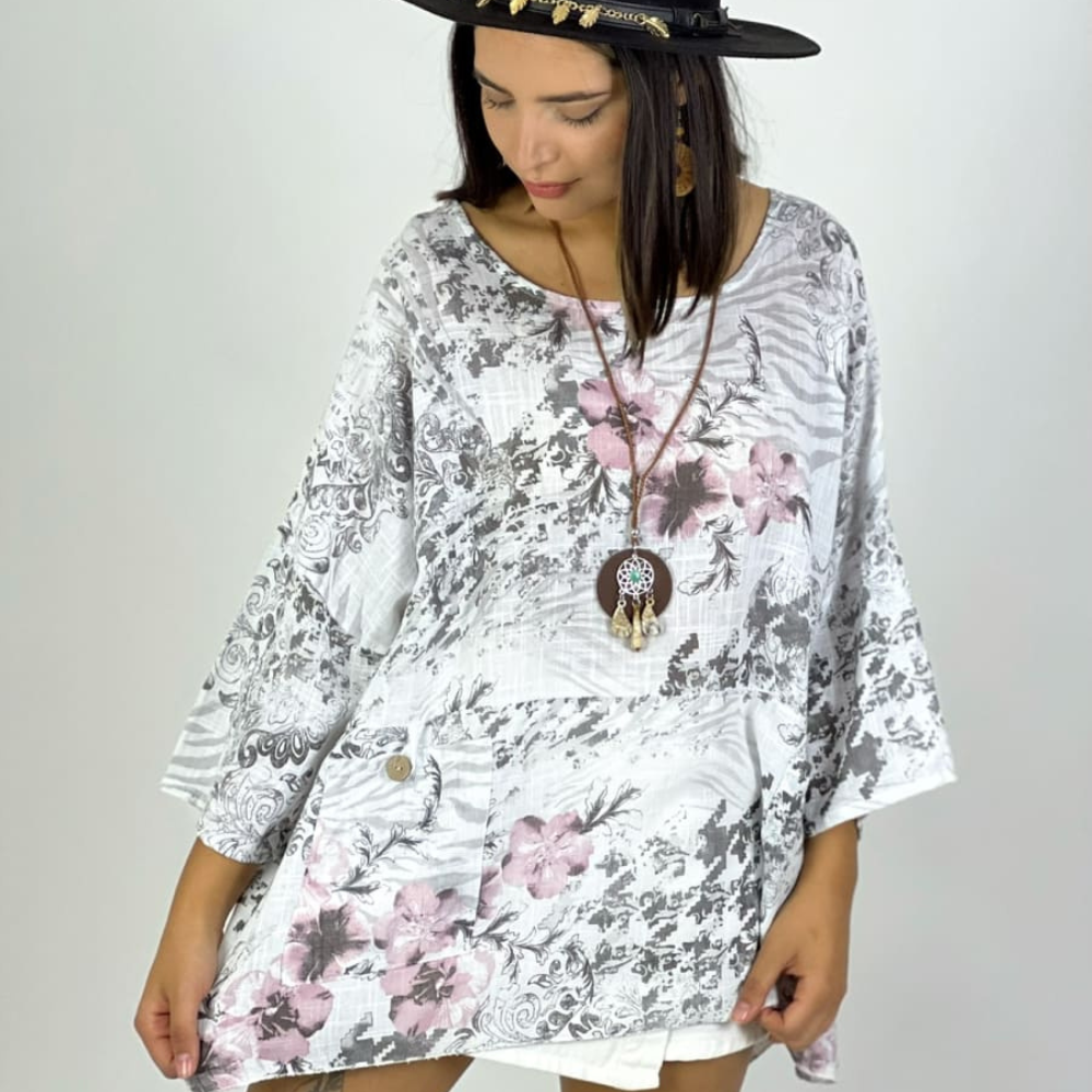 Polera Italiana con Flores y Bolsillos con Collar beige
