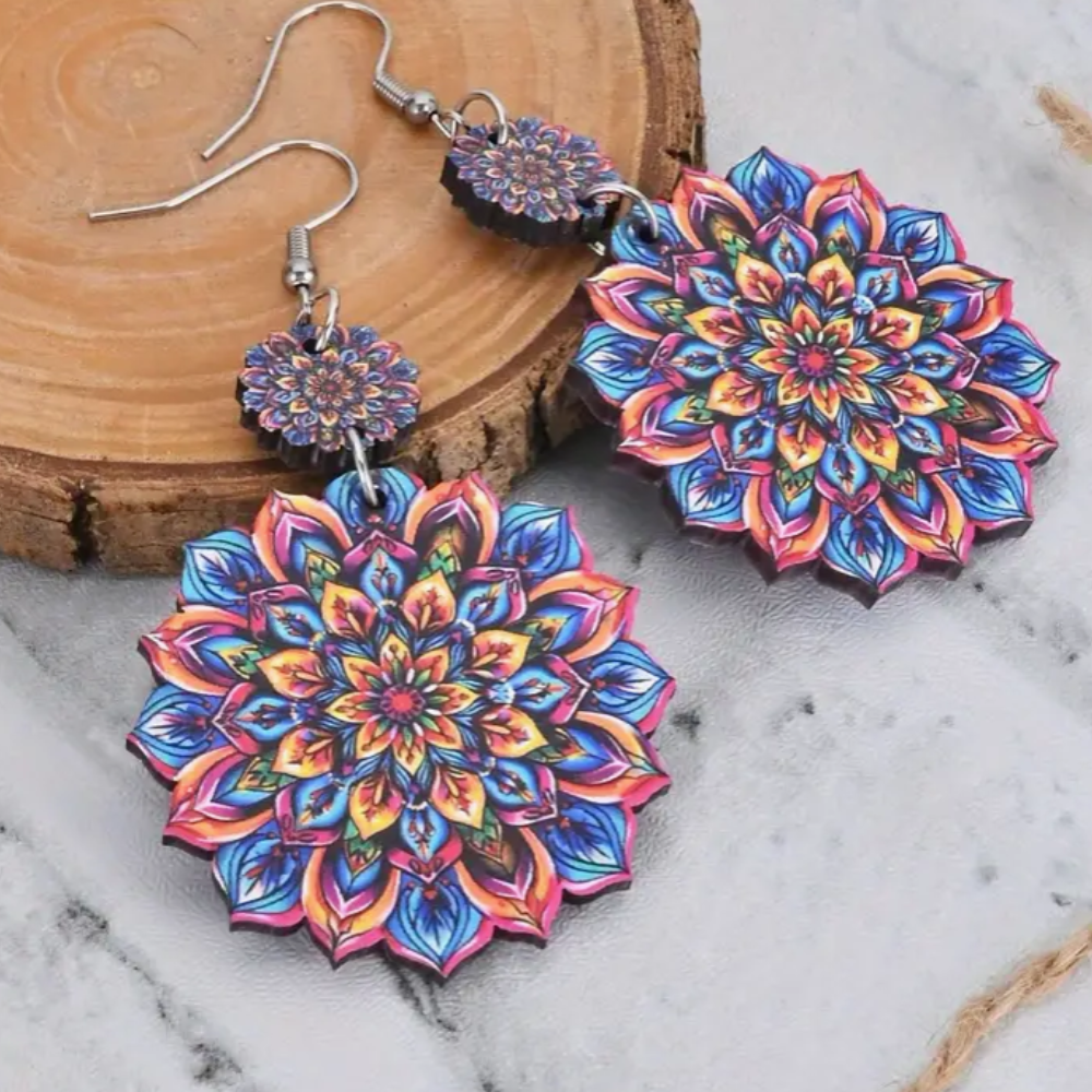 Pendientes Colgantes de Madera con Mandala Azul y Amarillo
