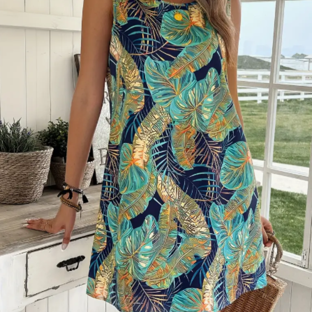 Vestido sin mangas con estampado de hojas tropicales