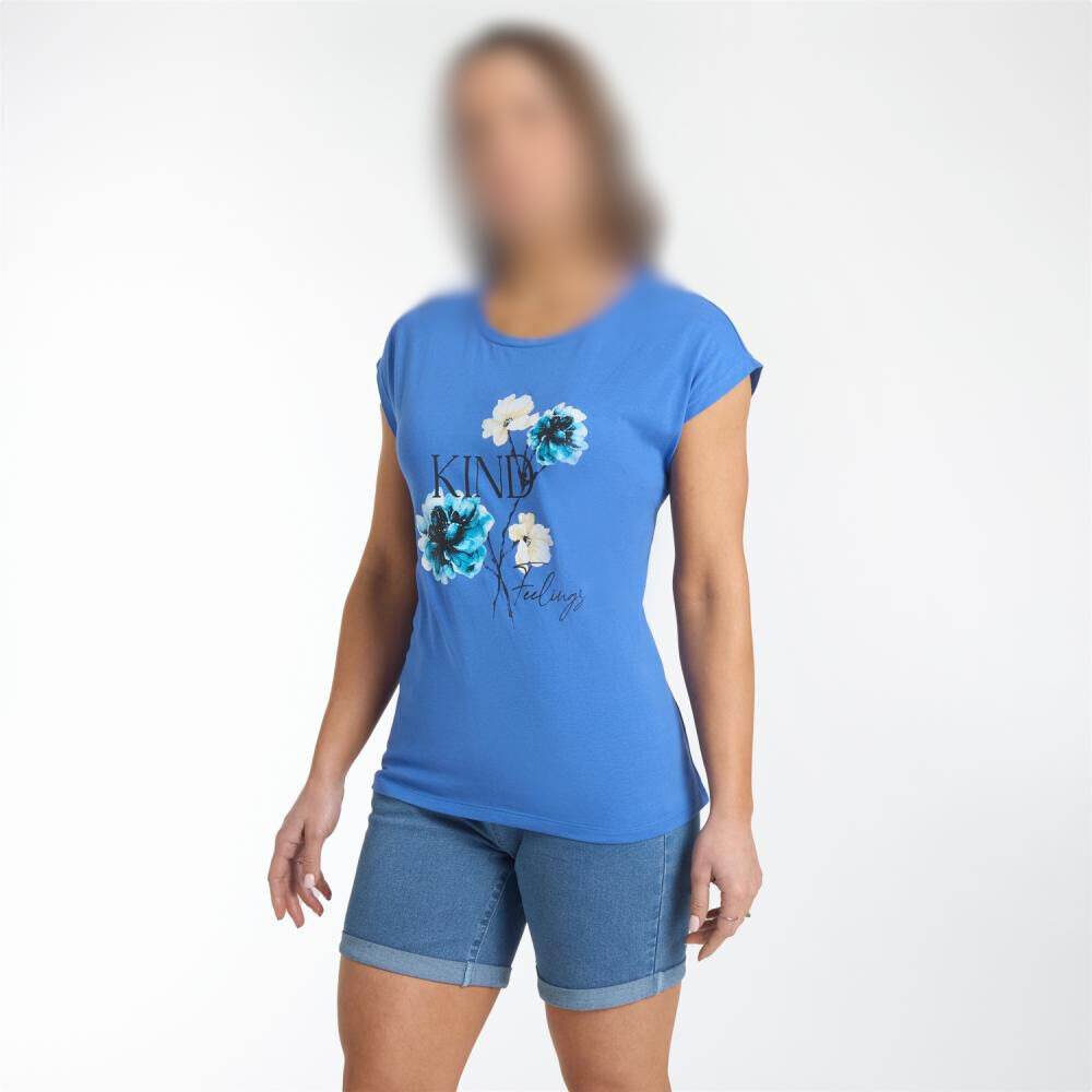 Polera Lisa Estampado Delantero Manga Corta Cuello Redondo Mujer Azul