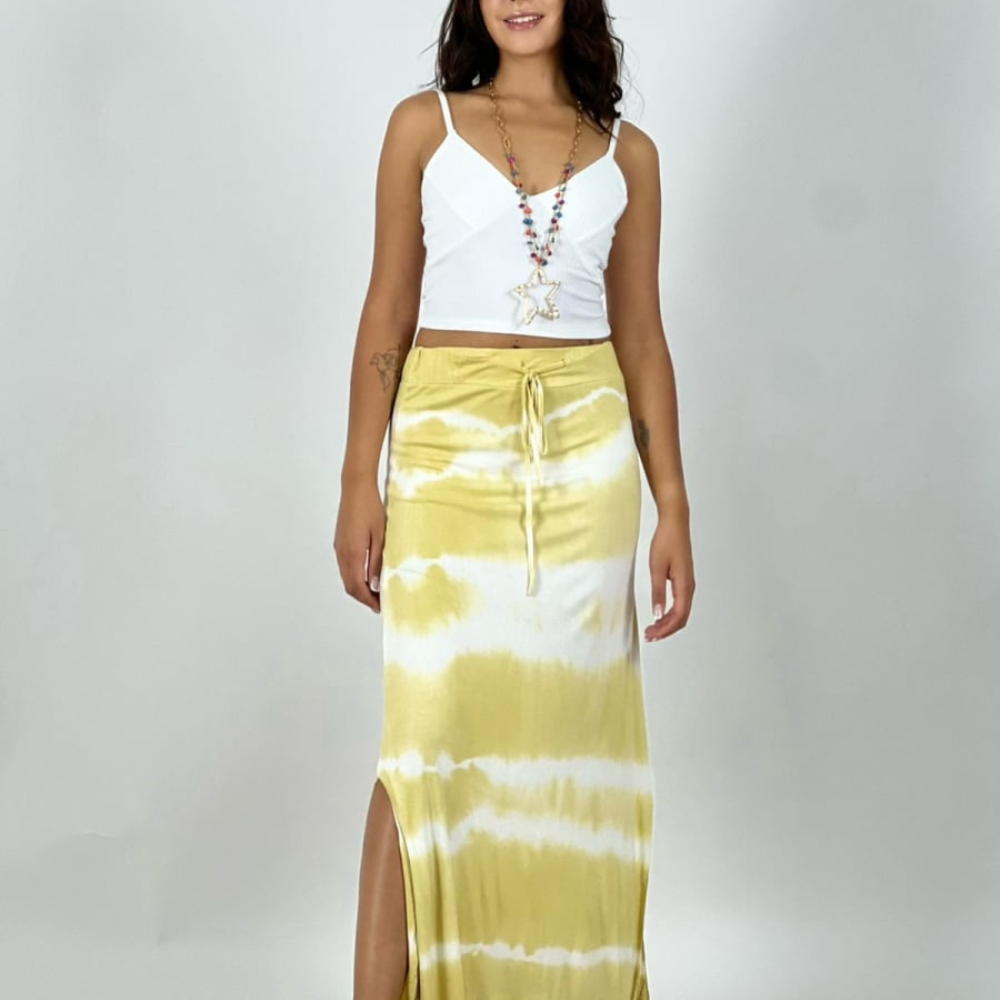 Falda Amarrada Tie Dye Aberturas Laterales Mostaza