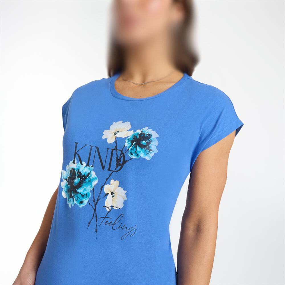 Polera Lisa Estampado Delantero Manga Corta Cuello Redondo Mujer Azul