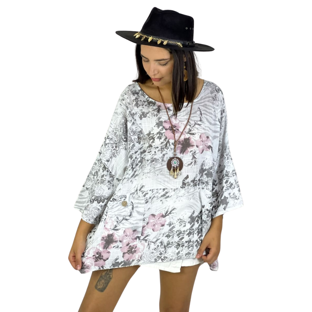 Polera Italiana con Flores y Bolsillos con Collar beige