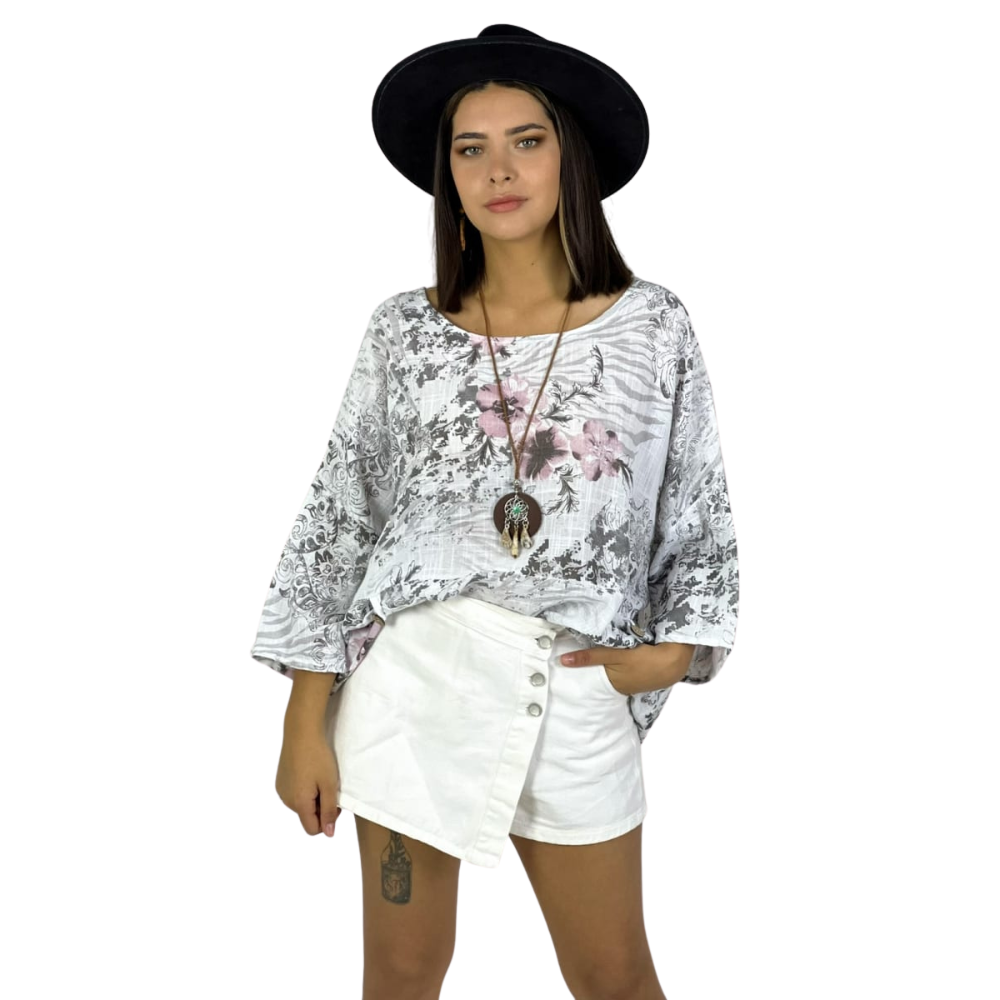 Polera Italiana con Flores y Bolsillos con Collar beige