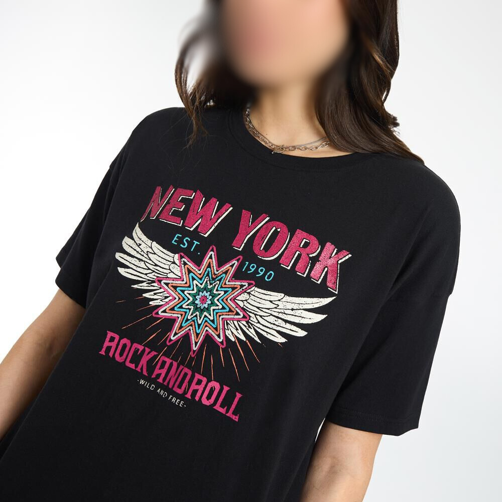 Polera Estampada Manga Corta Cuello Redondo Mujer  negro satín