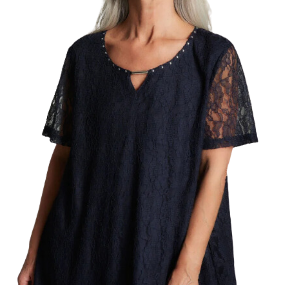 Polera De Encaje con Forro y Tachitas azul marino