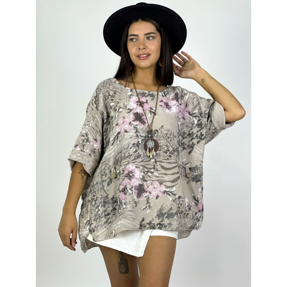 Polera Italiana con Flores y Bolsillos con Collar cafe