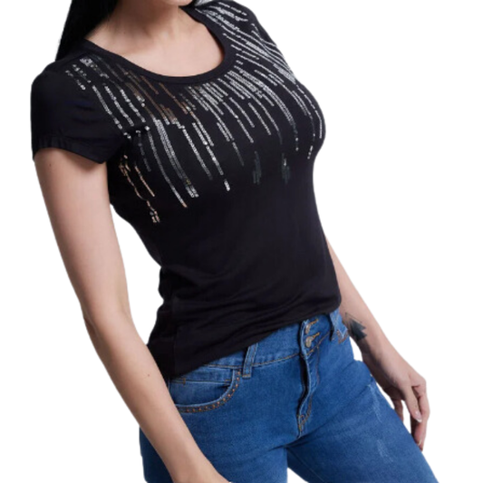 Polera Básica Escote Redondo Estampado Negro