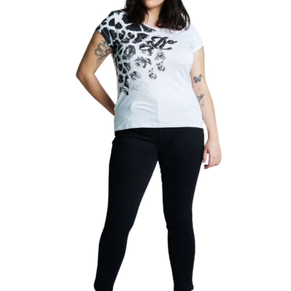 Polera Básica Escote Redondo Estampado Brillos blanco