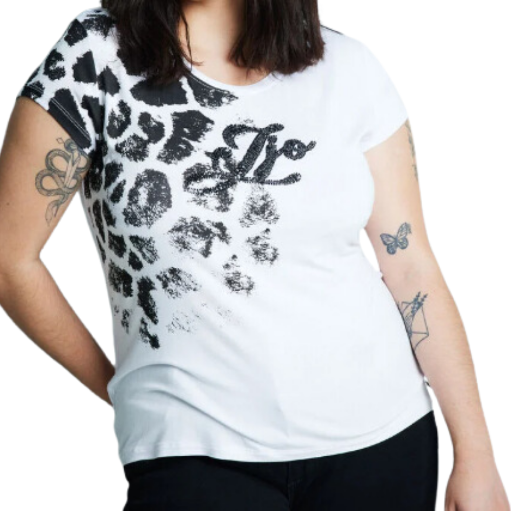 Polera Básica Escote Redondo Estampado Brillos blanco