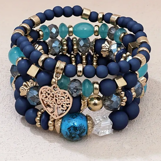 Juego de cuatro pulseras  arbol de corazon azul oscuro