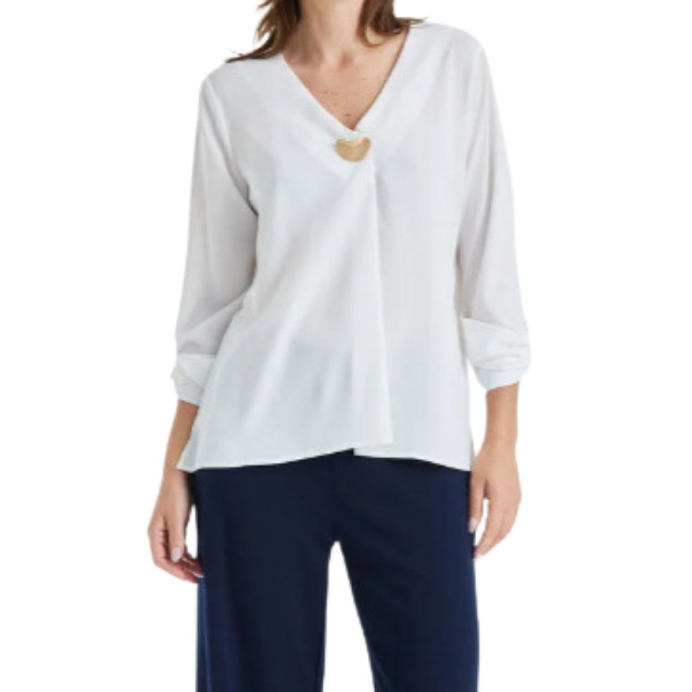Blusa Escote V Pliegue Centro Y Boton Decorativo blanco