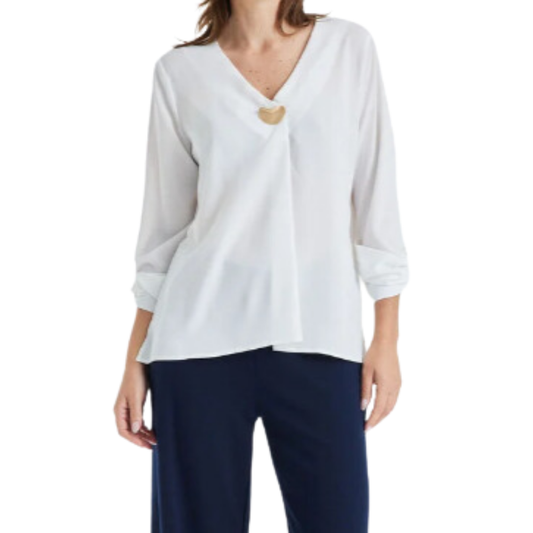 Blusa Escote V Pliegue Centro Y Boton Decorativo blanco