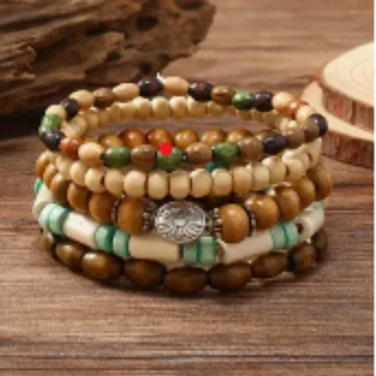 Juego de 5 pzas de Pulseras de Aleación con Cuentas de Madera