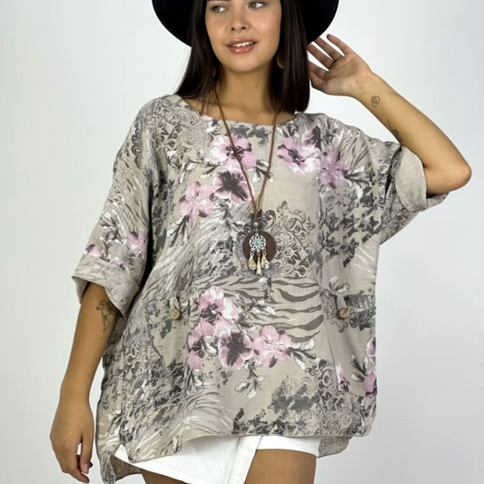 Polera Italiana con Flores y Bolsillos con Collar cafe