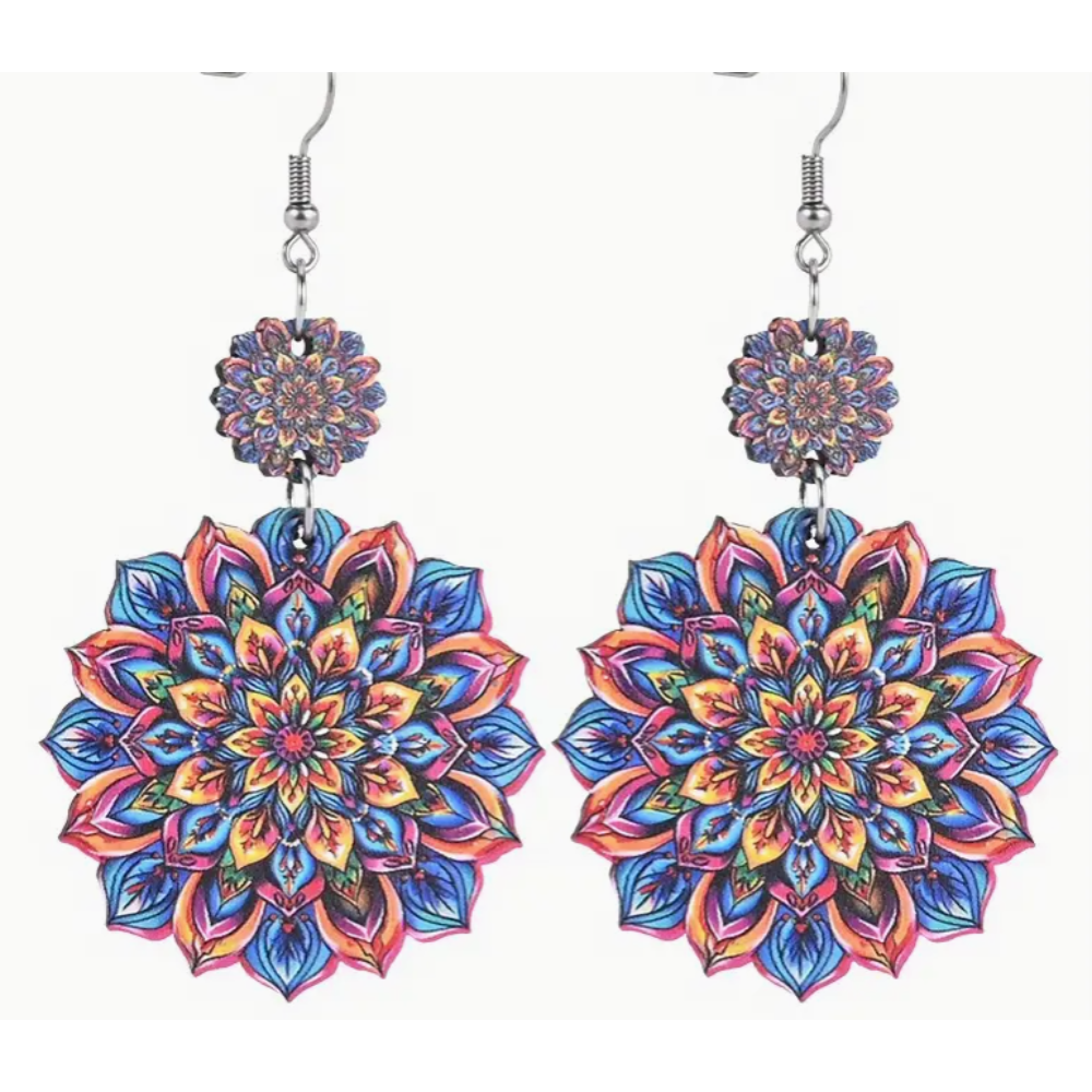 Pendientes Colgantes de Madera con Mandala Azul y Amarillo