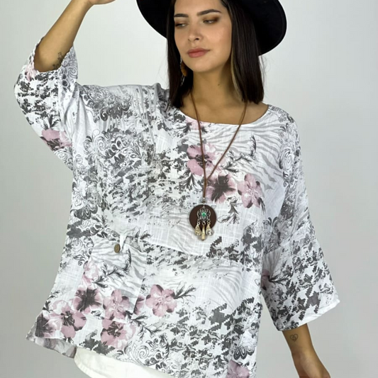 Polera Italiana con Flores y Bolsillos con Collar beige