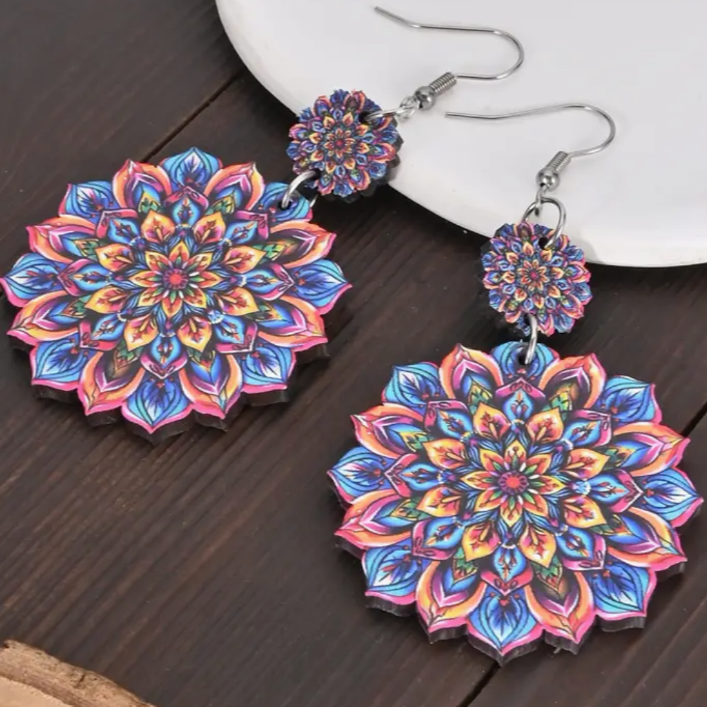 Pendientes Colgantes de Madera con Mandala Azul y Amarillo