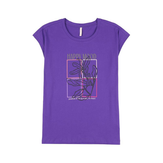 Polera Lisa Estampado Delantero Manga Corta Cuello Redondo Mujer morado