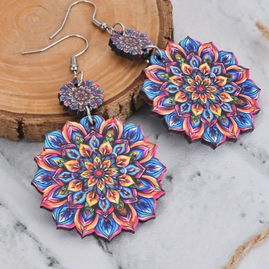 Pendientes Colgantes de Madera con Mandala Azul y Amarillo
