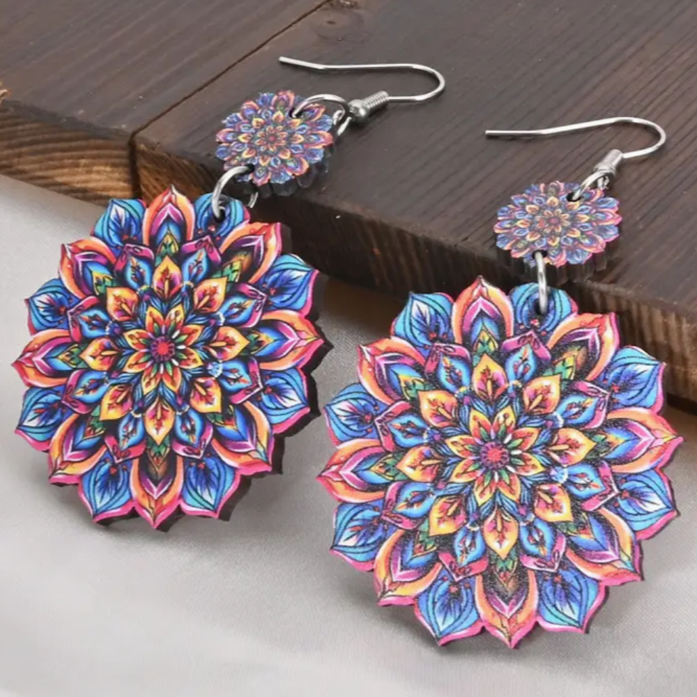 Pendientes Colgantes de Madera con Mandala Azul y Amarillo