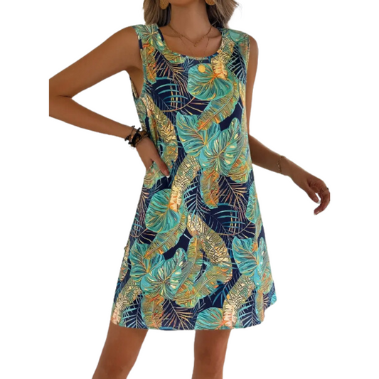 Vestido sin mangas con estampado de hojas tropicales