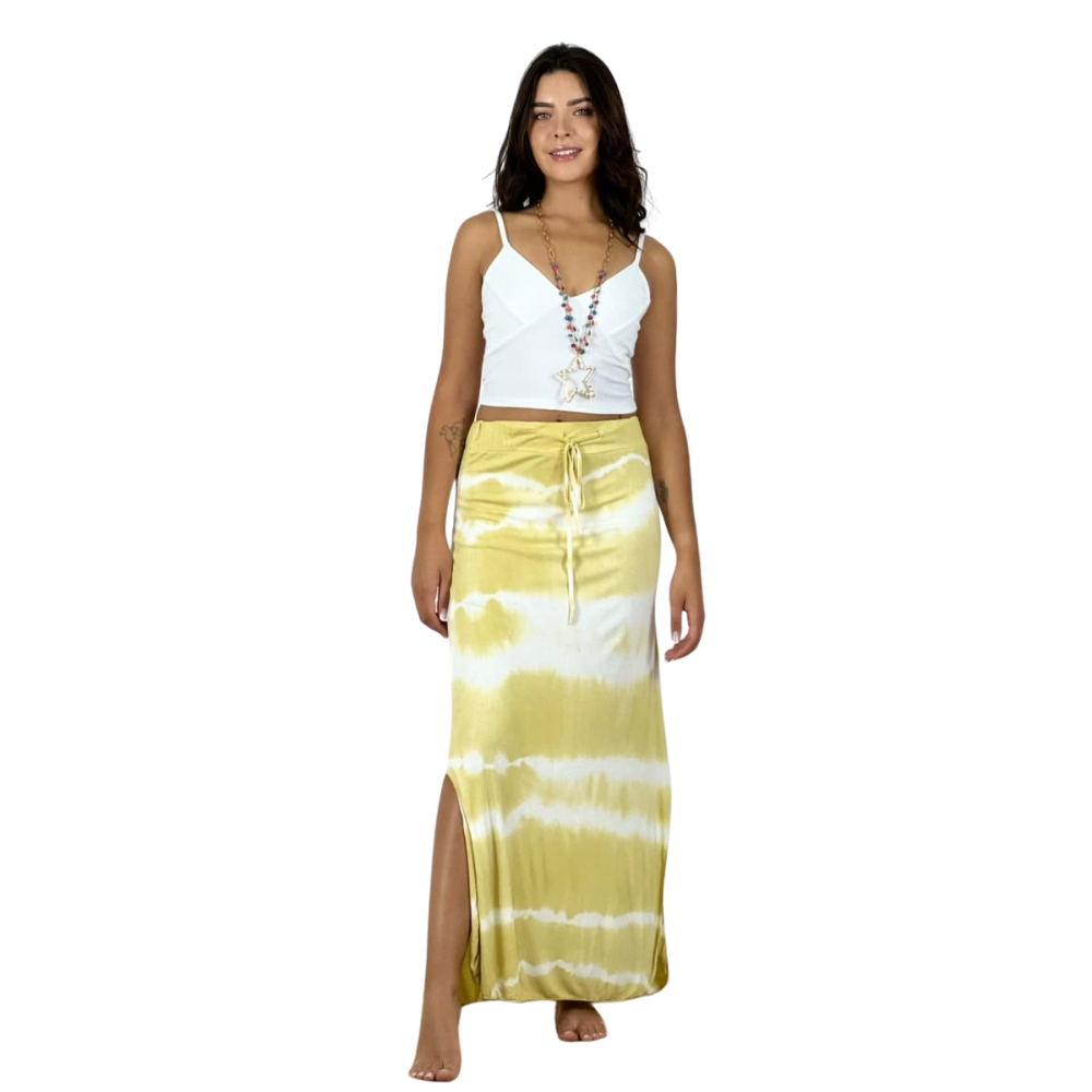 Falda Amarrada Tie Dye Aberturas Laterales Mostaza