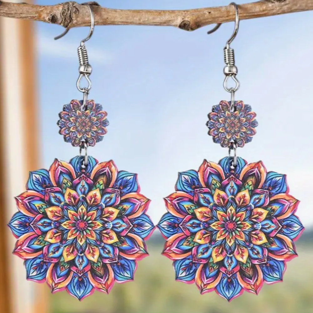 Pendientes Colgantes de Madera con Mandala Azul y Amarillo