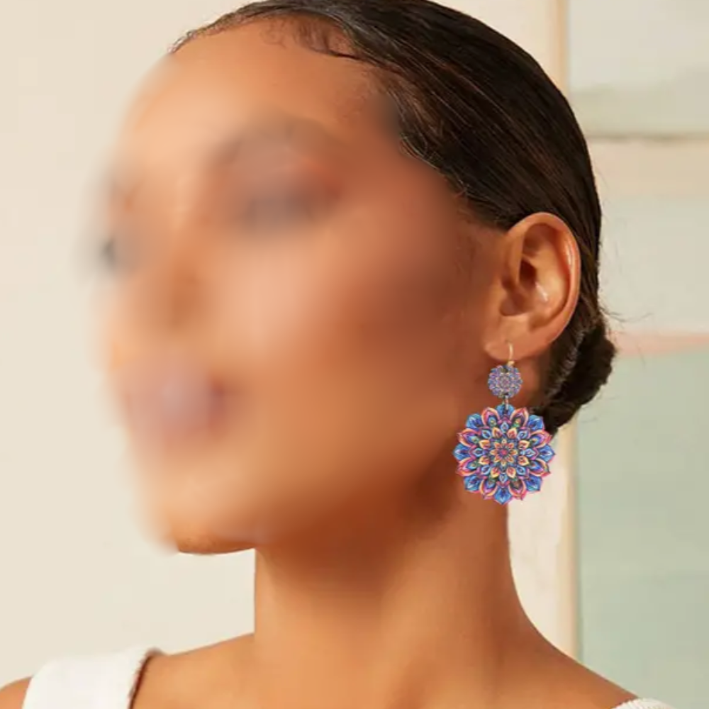 Pendientes Colgantes de Madera con Mandala Azul y Amarillo
