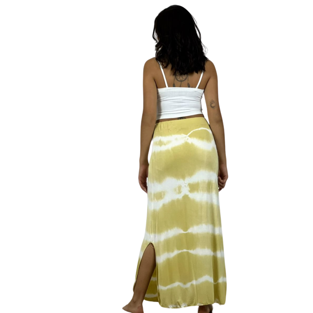 Falda Amarrada Tie Dye Aberturas Laterales Mostaza