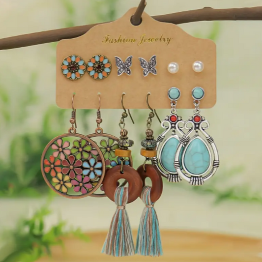 6 Pares de Conjuntos de Pendientes de Estilo Retro Bohemio flor hueca