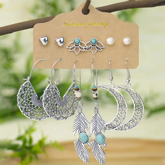 6 Pares de Conjuntos de Pendientes de Estilo Retro Bohemio luna