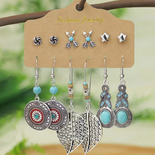6 Pares de Conjuntos de Pendientes de Estilo Retro Bohemio Hoja Flecha