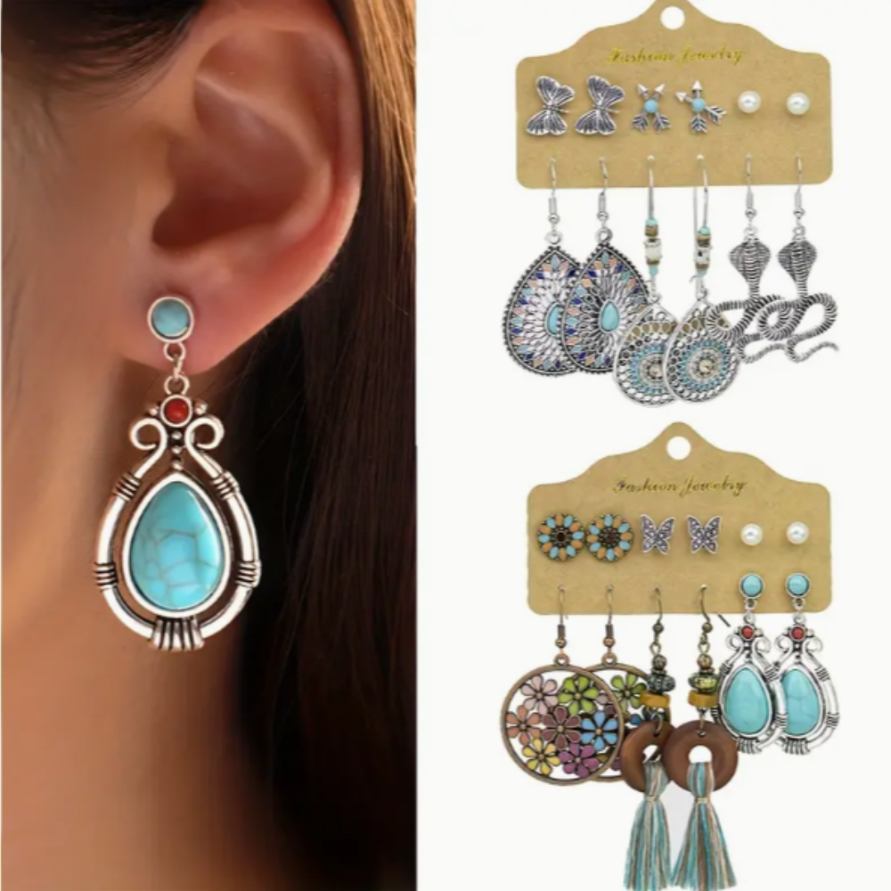 6 Pares de Conjuntos de Pendientes de Estilo Retro Bohemio flor hueca