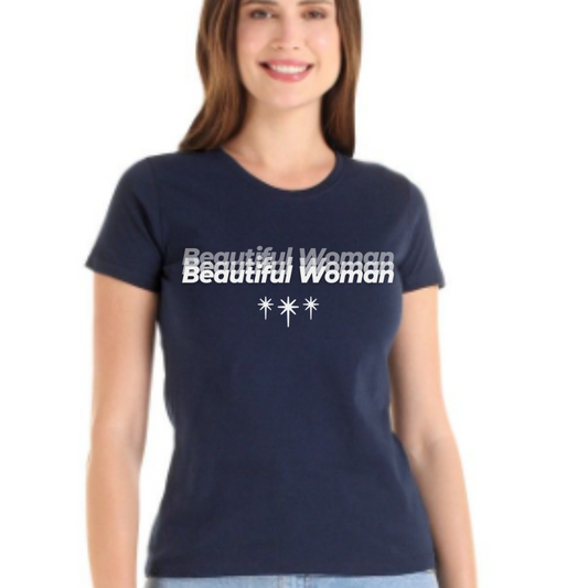 Polera 100% algodón mujer azul estampado “BEAUTIFUL WOMAN distorsionado”