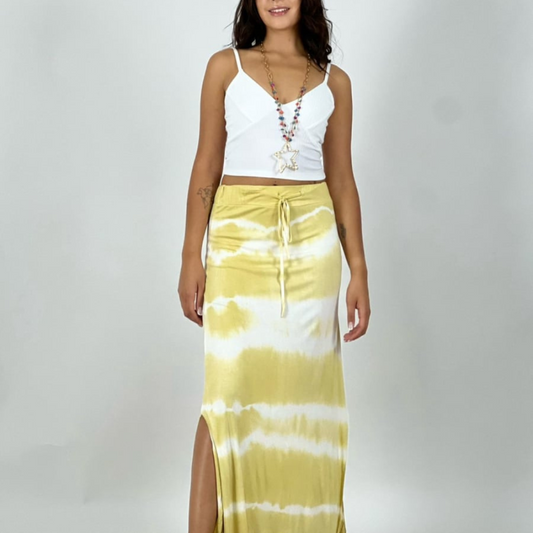 Falda Amarrada Tie Dye Aberturas Laterales Mostaza
