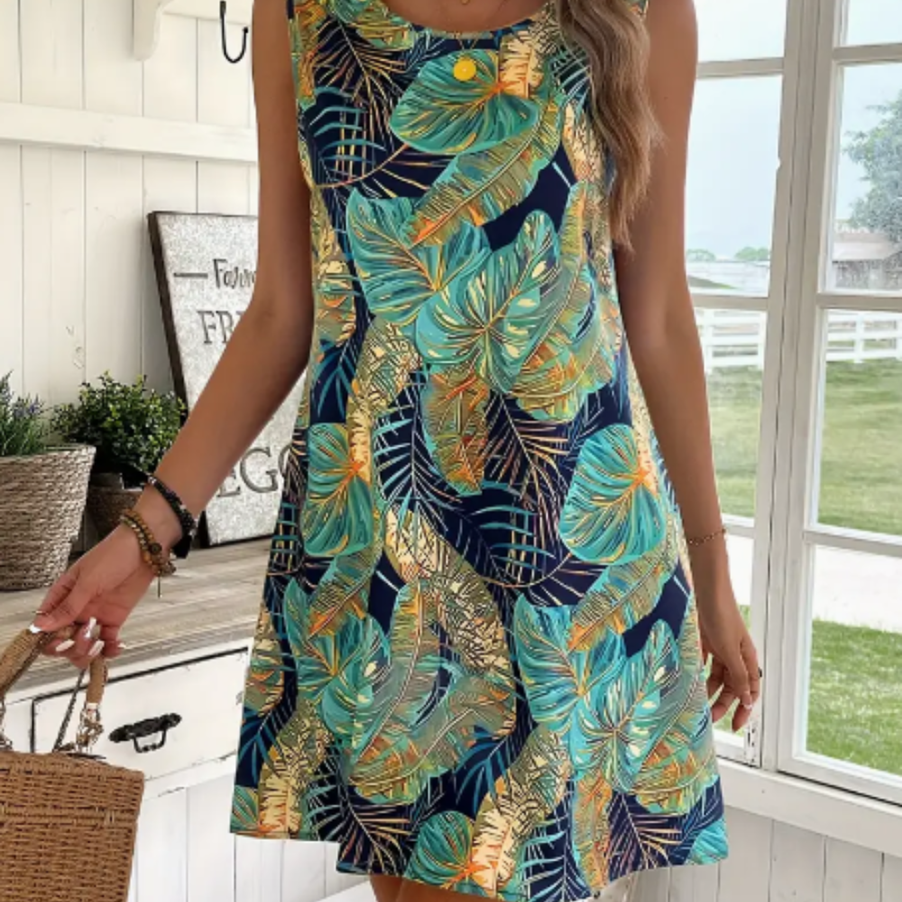 Vestido sin mangas con estampado de hojas tropicales