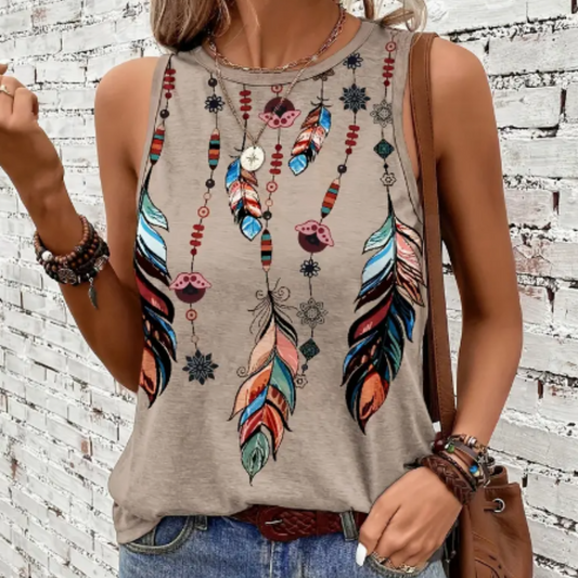 Polera Sin Mangas para Mujer con Estampado de Plumas