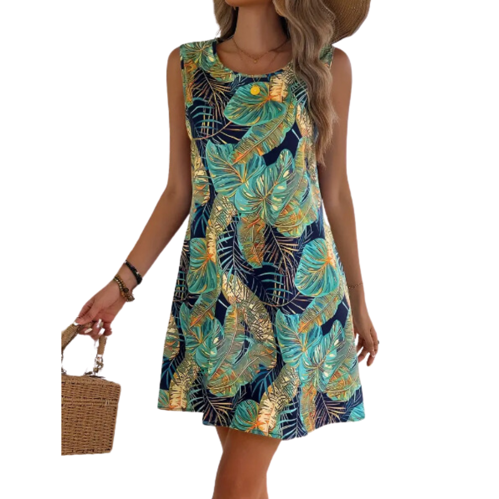 Vestido sin mangas con estampado de hojas tropicales